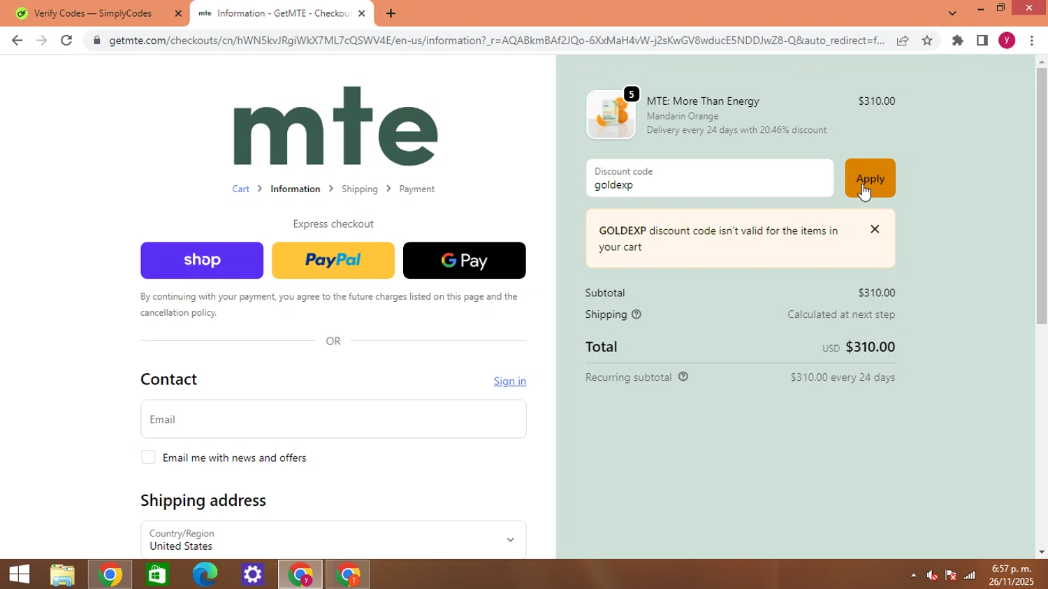 MTE promo code screenshot showing code goldexp applied at MTE checkout page. Uploaded by SimplyCodes community member ThriftyWizard1508 on Nov 26, 2025