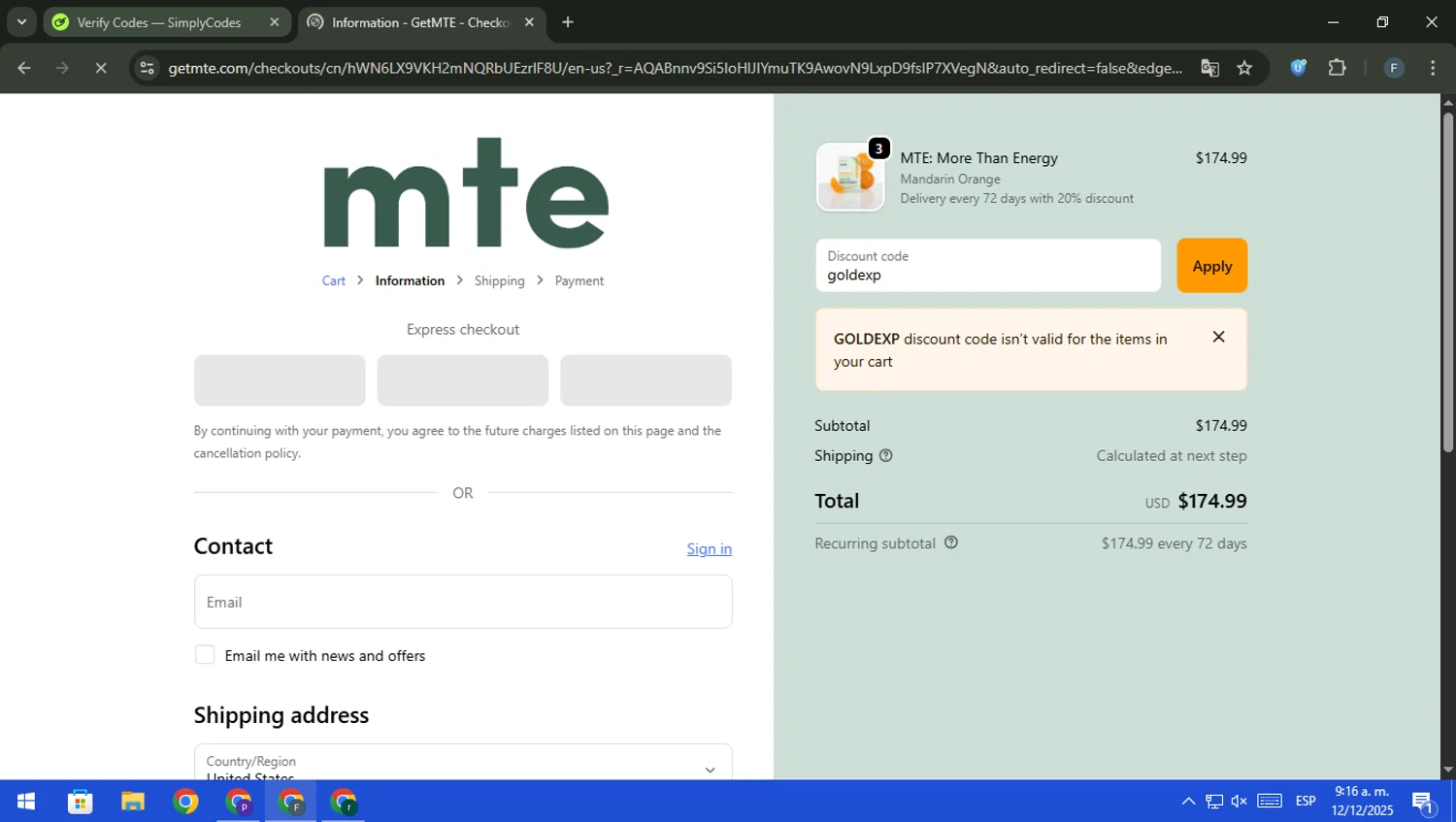 MTE promo code screenshot showing code goldexp applied at MTE checkout page. Uploaded by SimplyCodes community member pajarito on Dec 12, 2025