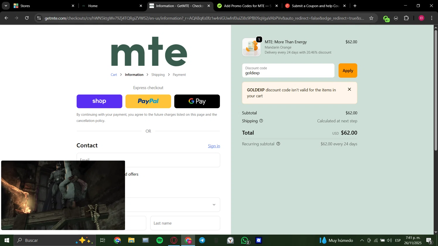 MTE promo code screenshot showing code goldexp applied at MTE checkout page. Uploaded by SimplyCodes community member TheWeeknd on Nov 26, 2025