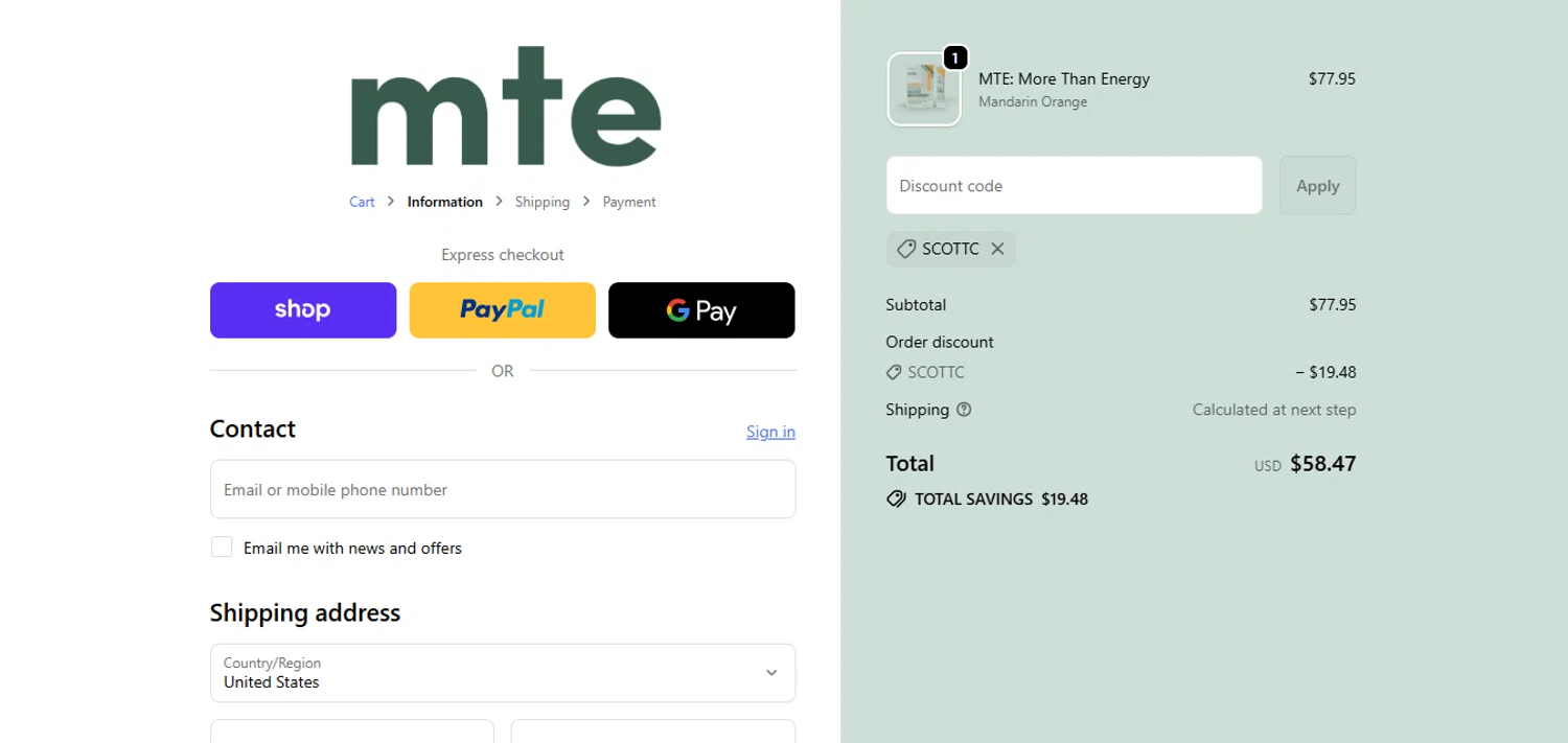 MTE promo code screenshot showing code SCOTTC applied at MTE checkout page. Uploaded by SimplyCodes community member juanisaac on Sep 21, 2025