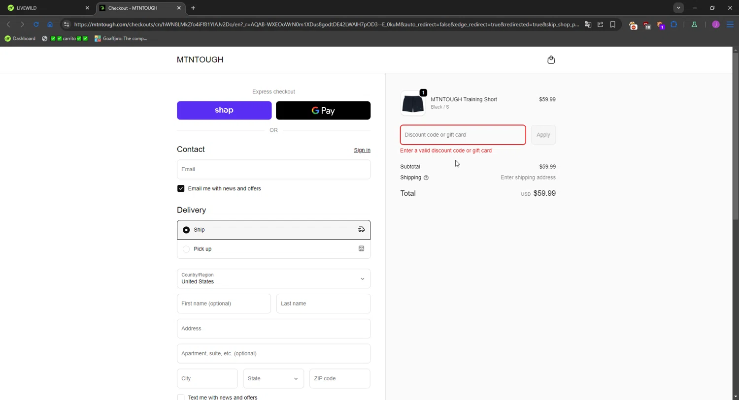 MTNTOUGH promo code screenshot showing code LIVEWILD applied at MTNTOUGH checkout page. Uploaded by SimplyCodes community member WonderMaverick6123 on Feb 3, 2026
