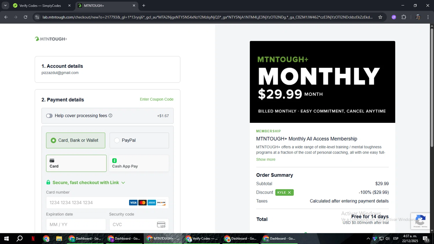 MTNTOUGH promo code screenshot showing code KYLE applied at MTNTOUGH checkout page. Uploaded by SimplyCodes community member xxdddd on Dec 22, 2025