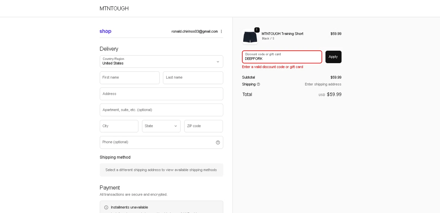 MTNTOUGH promo code screenshot showing code DEEPFORK applied at MTNTOUGH checkout page. Uploaded by SimplyCodes community member davisams on Dec 21, 2025