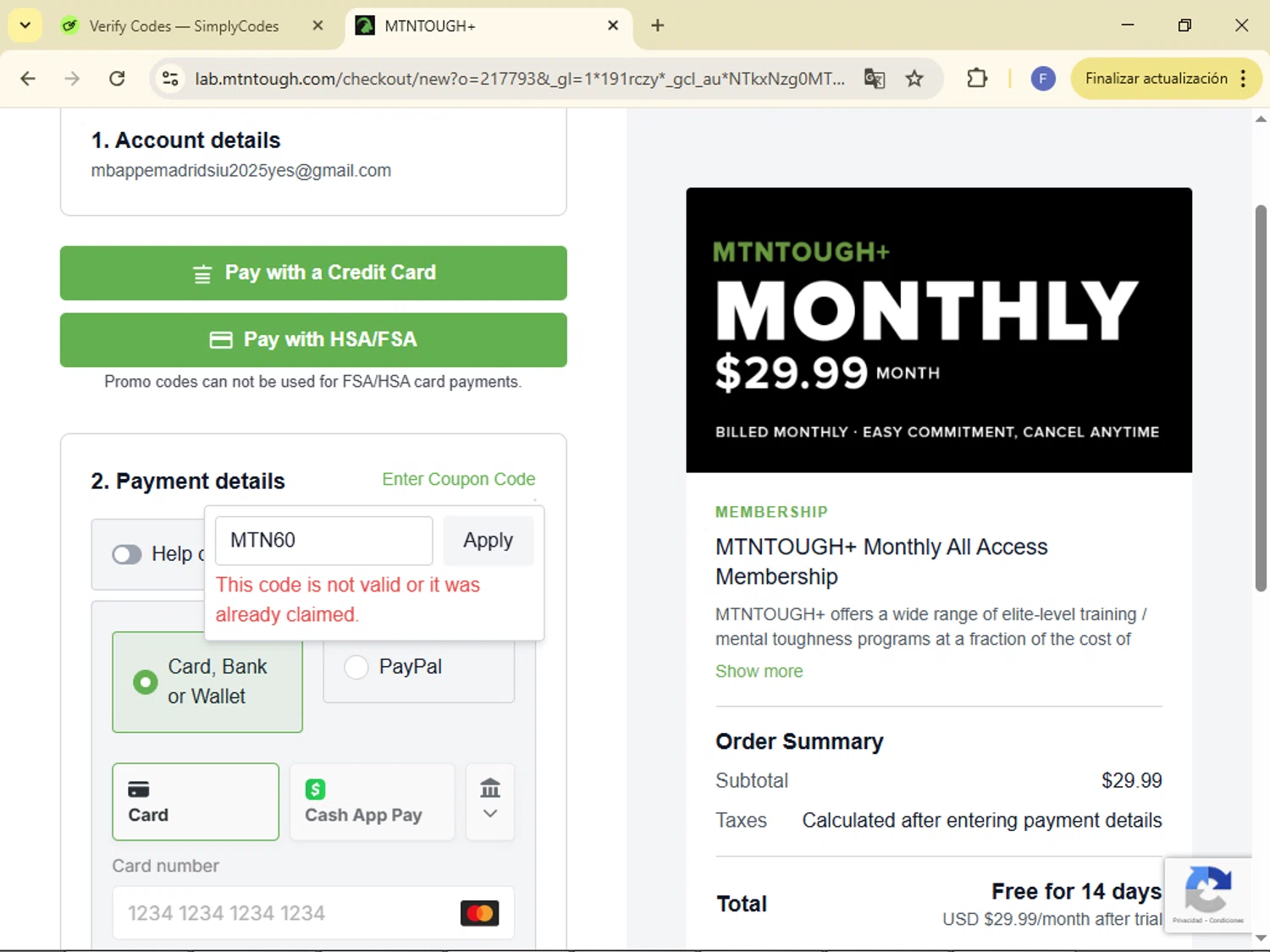 MTNTOUGH promo code screenshot showing code MTN60 applied at MTNTOUGH checkout page. Uploaded by SimplyCodes community member 123exss on Jan 15, 2026