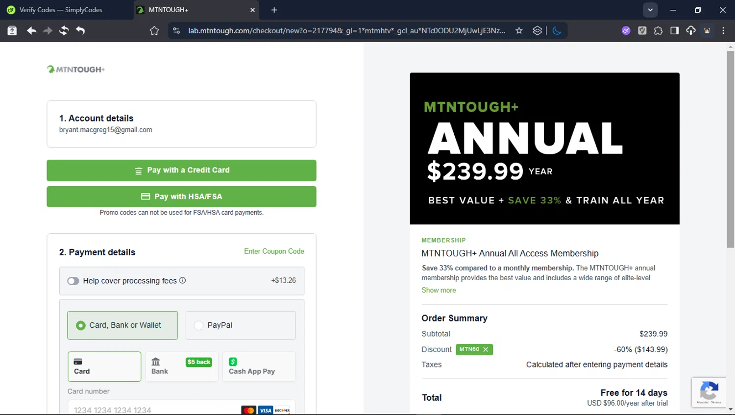 MTNTOUGH checkout page showing MTNTOUGH promo code box | Screenshot taken by SimplyCodes community member on Feb 12, 2026