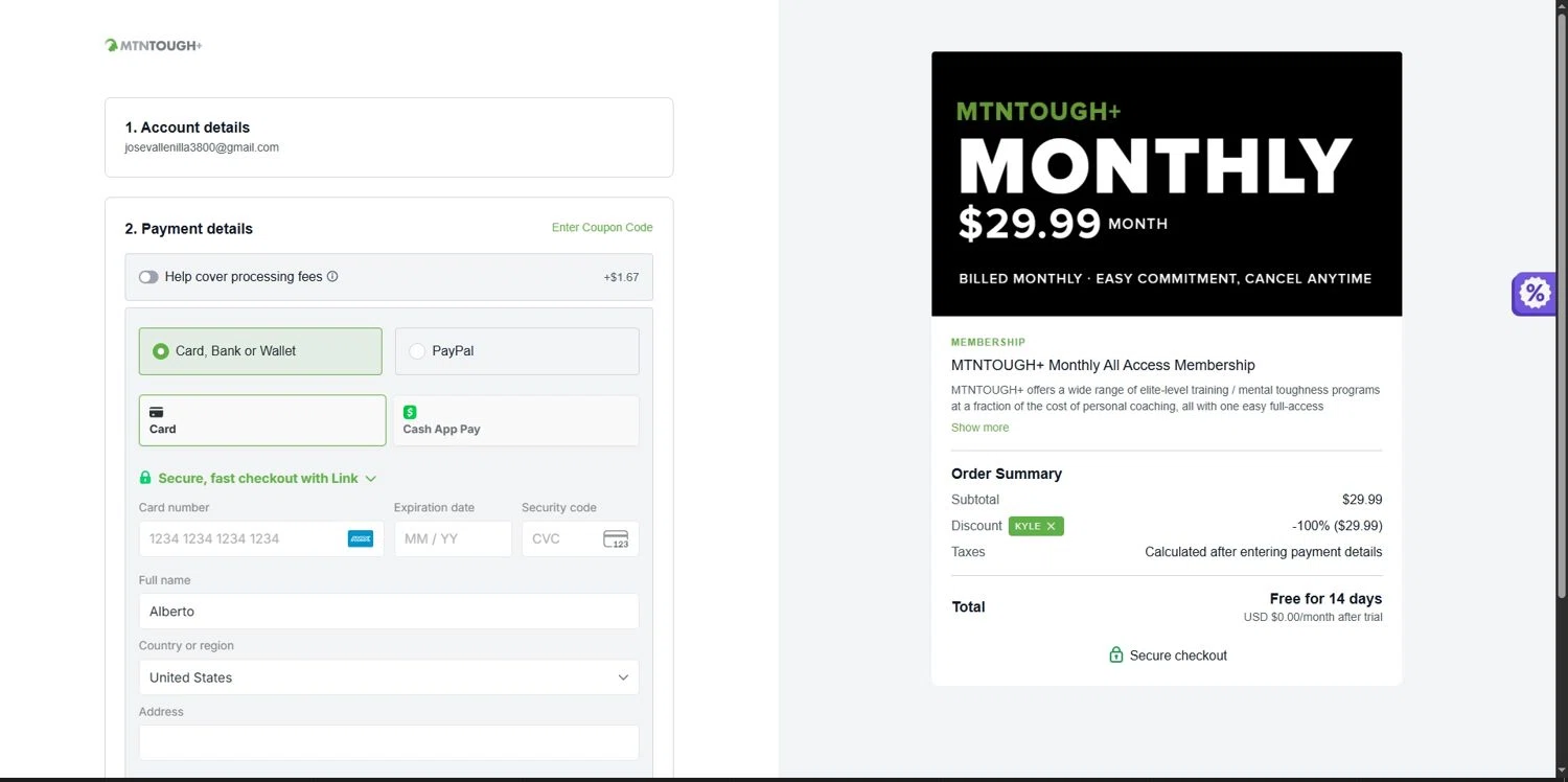 MTNTOUGH promo code screenshot showing code KYLE applied at MTNTOUGH checkout page. Uploaded by SimplyCodes community member Depressive on Dec 22, 2025