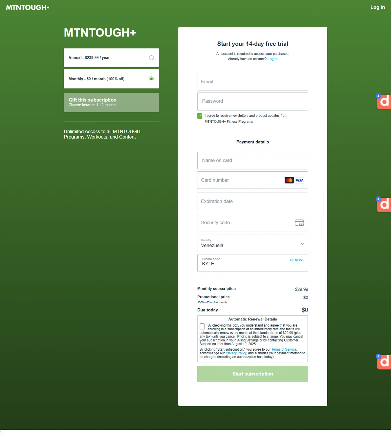 MTNTOUGH promo code screenshot showing code KYLE applied at MTNTOUGH checkout page. Uploaded by SimplyCodes community member ESTHER3121 on Jul 7, 2025