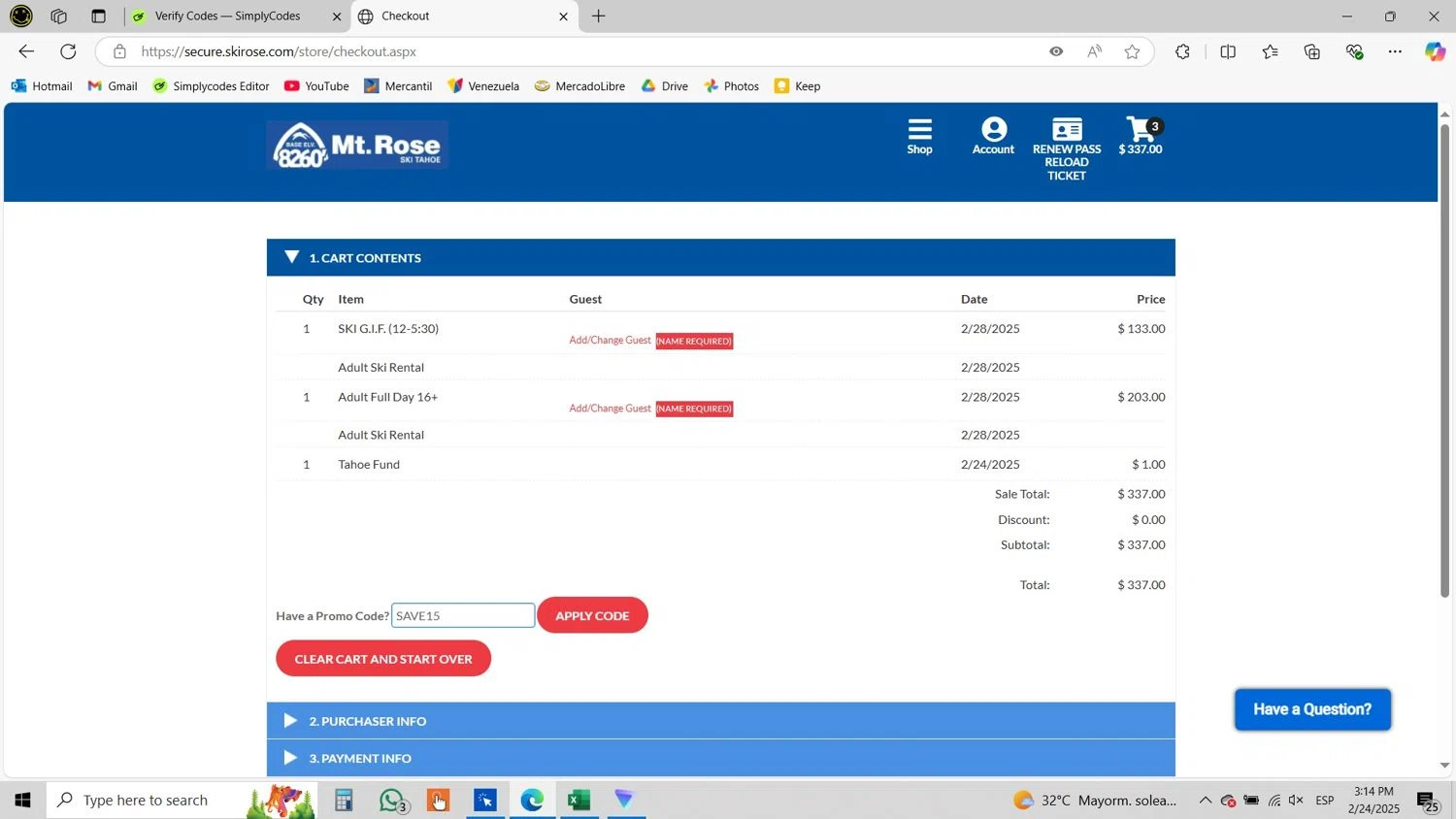 Mt. Rose Ski Tahoe promo code screenshot showing code SAVE15 applied at Mt. Rose Ski Tahoe checkout page. Uploaded by SimplyCodes community member FrugalDefender211 on Feb 24, 2025