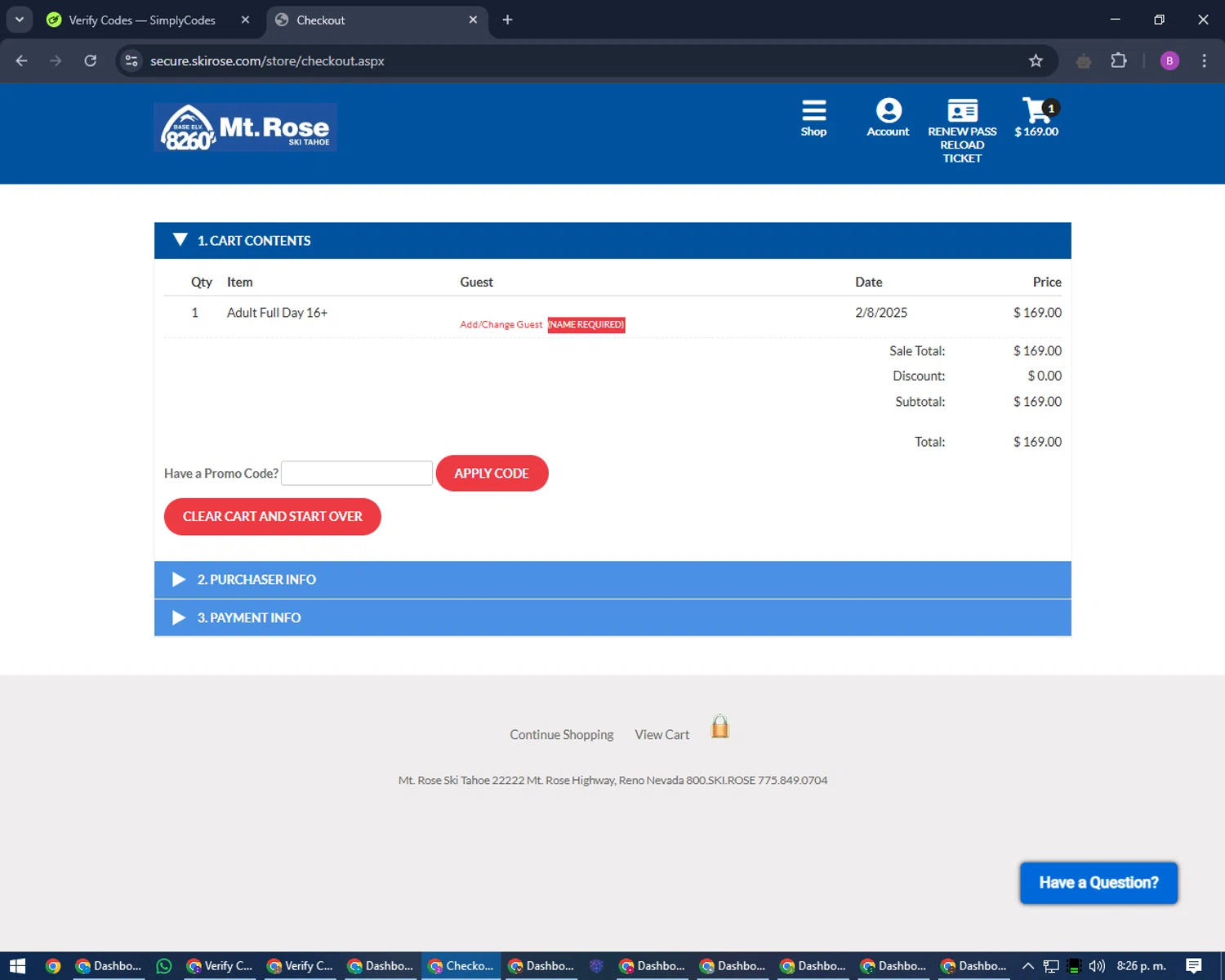 Mt. Rose Ski Tahoe promo code screenshot showing code 25OFF applied at Mt. Rose Ski Tahoe checkout page. Uploaded by SimplyCodes community member travisscott on Feb 8, 2025
