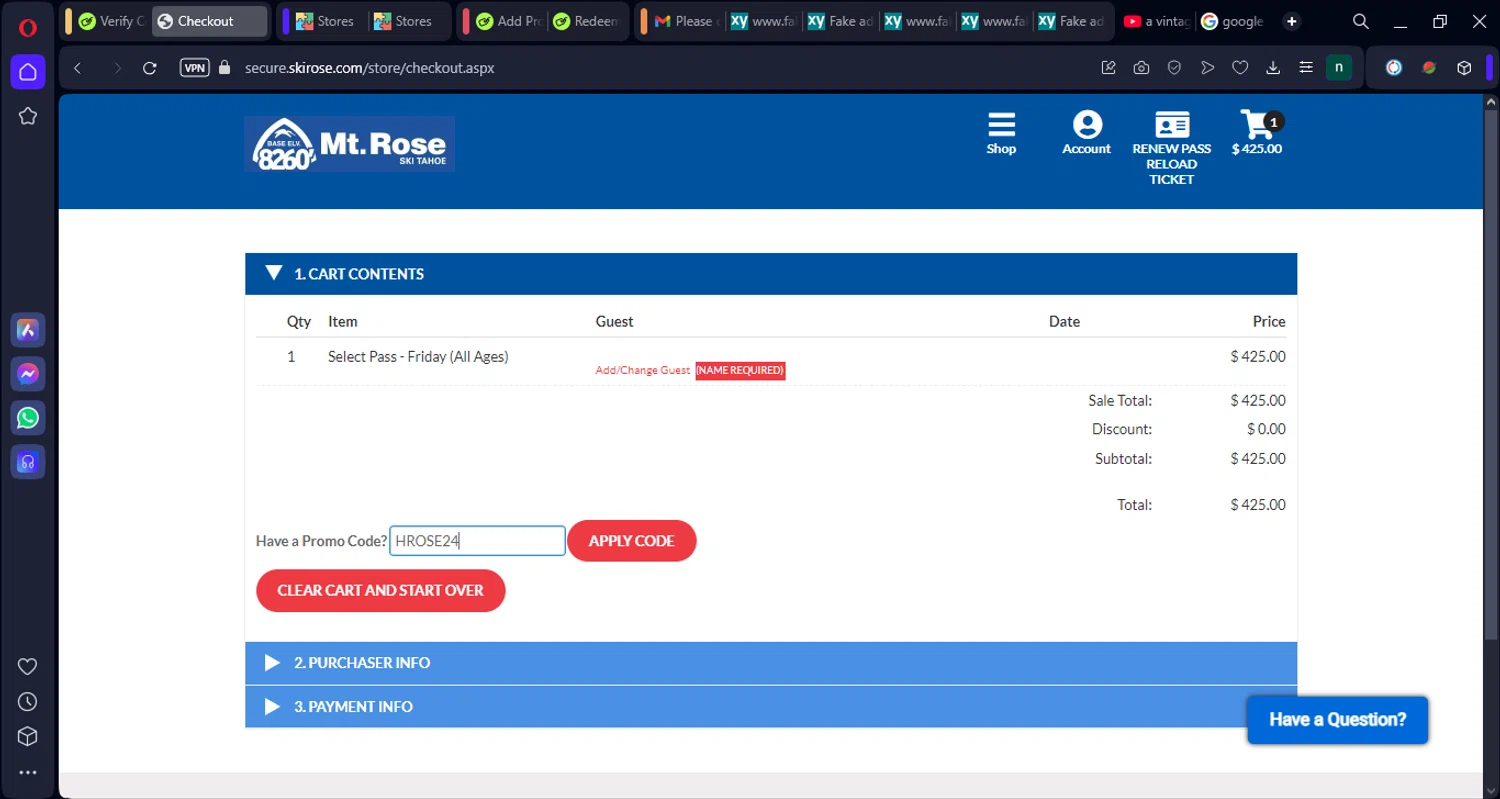 Mt. Rose Ski Tahoe promo code screenshot showing code HROSE24 applied at Mt. Rose Ski Tahoe checkout page. Uploaded by SimplyCodes community member Norman_KSD on Jan 1, 2025