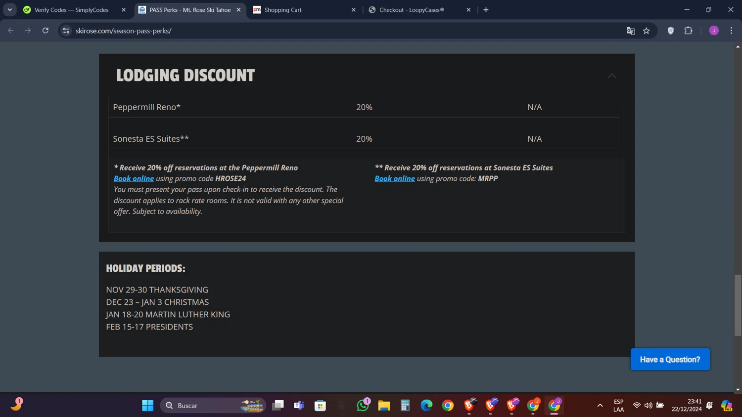 Mt. Rose Ski Tahoe checkout page showing Mt. Rose Ski Tahoe promo code box | Screenshot taken by SimplyCodes community member on Dec 23, 2024