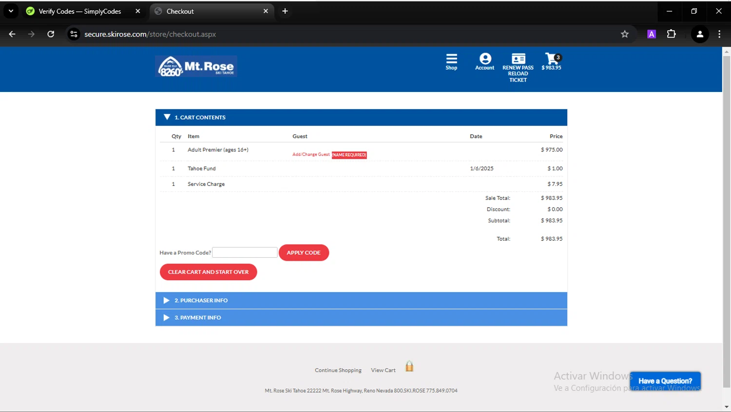 Mt. Rose Ski Tahoe promo code screenshot showing code MRPP applied at Mt. Rose Ski Tahoe checkout page. Uploaded by SimplyCodes community member CarlesPlanas on Jan 6, 2025