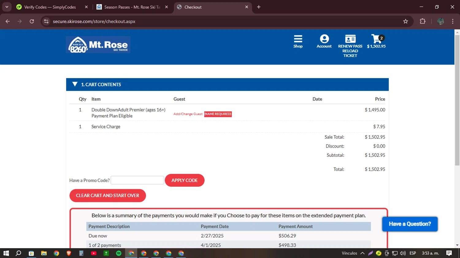 Mt. Rose Ski Tahoe promo code screenshot showing code MRPP applied at Mt. Rose Ski Tahoe checkout page. Uploaded by SimplyCodes community member Mr_Allighieri on Feb 28, 2025