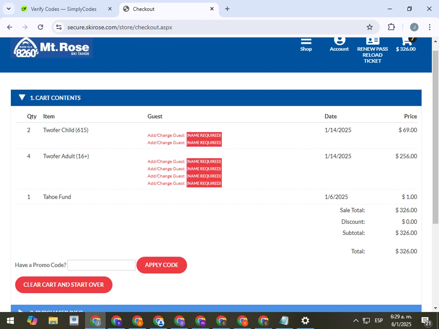 Mt. Rose Ski Tahoe promo code screenshot showing code MRPP applied at Mt. Rose Ski Tahoe checkout page. Uploaded by SimplyCodes community member ValueTracker8384 on Jan 6, 2025