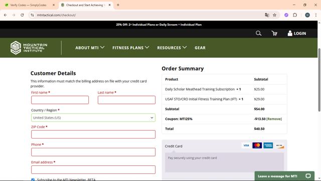 Mountain Tactical Institute checkout page showing Mountain Tactical Institute coupon code box | Screenshot taken by SimplyCodes community member on Jun 16, 2025