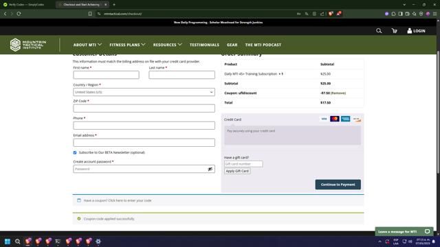 Mountain Tactical Institute checkout page showing Mountain Tactical Institute coupon code box | Screenshot taken by SimplyCodes community member on May 7, 2025