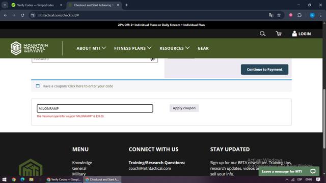 Mountain Tactical Institute checkout page showing Mountain Tactical Institute coupon code box | Screenshot taken by SimplyCodes community member on Aug 27, 2025