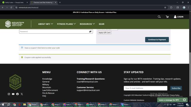 Mountain Tactical Institute checkout page showing Mountain Tactical Institute coupon code box | Screenshot taken by SimplyCodes community member on Aug 31, 2025