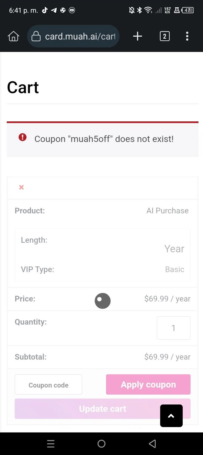Muah.AI promo code screenshot showing code MUAH5OFF applied at Muah.AI checkout page. Uploaded by SimplyCodes community member Frankcuenca on Feb 12, 2025