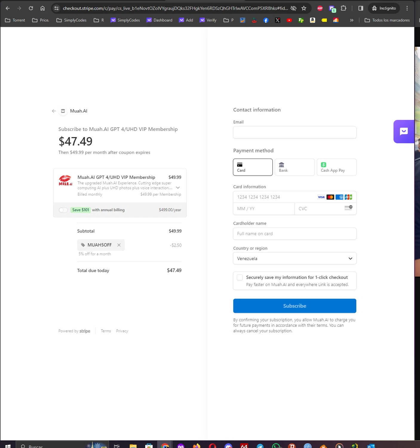 Muah.AI checkout page showing Muah.AI promo code box | Screenshot taken by SimplyCodes community member on Dec 31, 2023