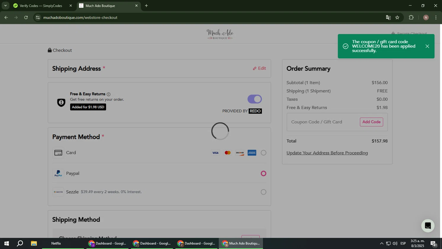 Much Ado Boutique coupon code screenshot showing code WELCOME20 applied at Much Ado Boutique checkout page. Uploaded by SimplyCodes community member DiscountPioneer2554 on Mar 8, 2025
