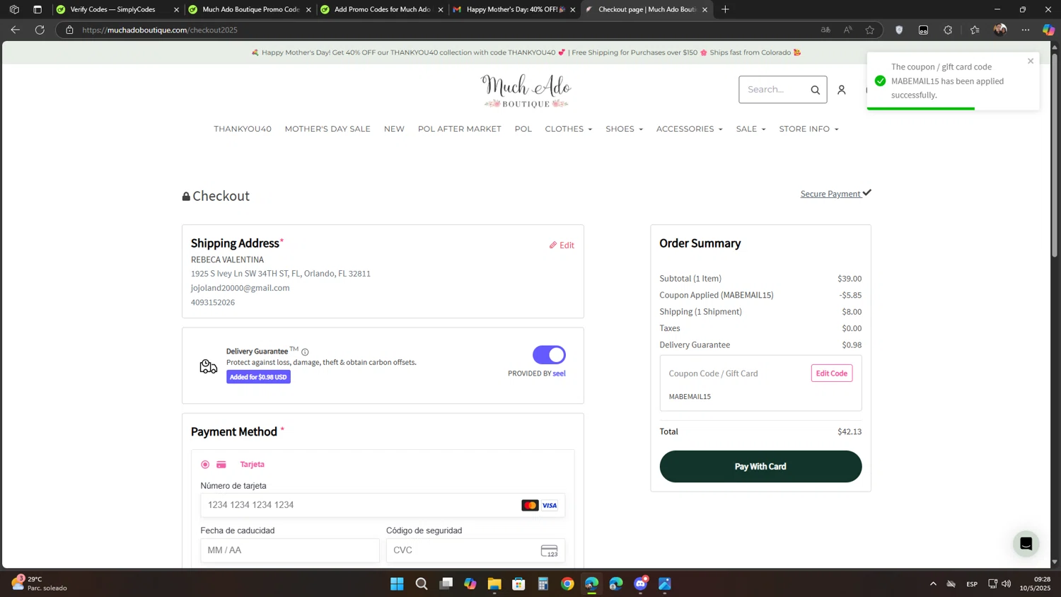 Much Ado Boutique coupon code screenshot showing code MABEMAIL15 applied at Much Ado Boutique checkout page. Uploaded by SimplyCodes community member Flores on May 10, 2025