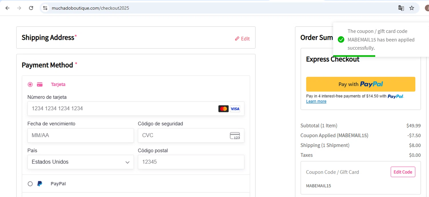 Much Ado Boutique coupon code screenshot showing code MABEMAIL15 applied at Much Ado Boutique checkout page. Uploaded by SimplyCodes community member carol_lameda on Aug 3, 2025