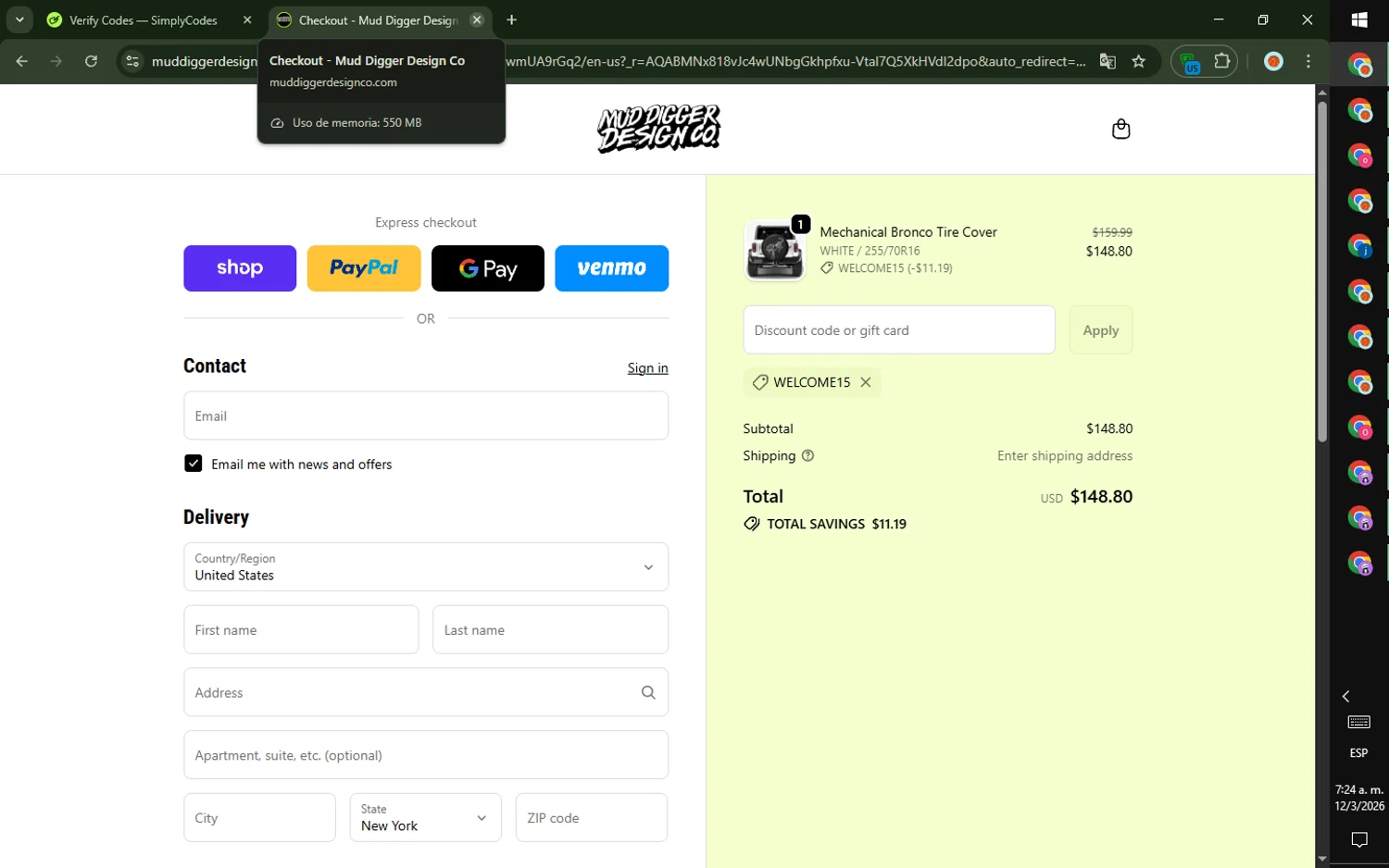 Mud Digger Design Co. promo code screenshot showing code WELCOME15 applied at Mud Digger Design Co. checkout page. Uploaded by SimplyCodes community member DealTiger9869 on Mar 12, 2026