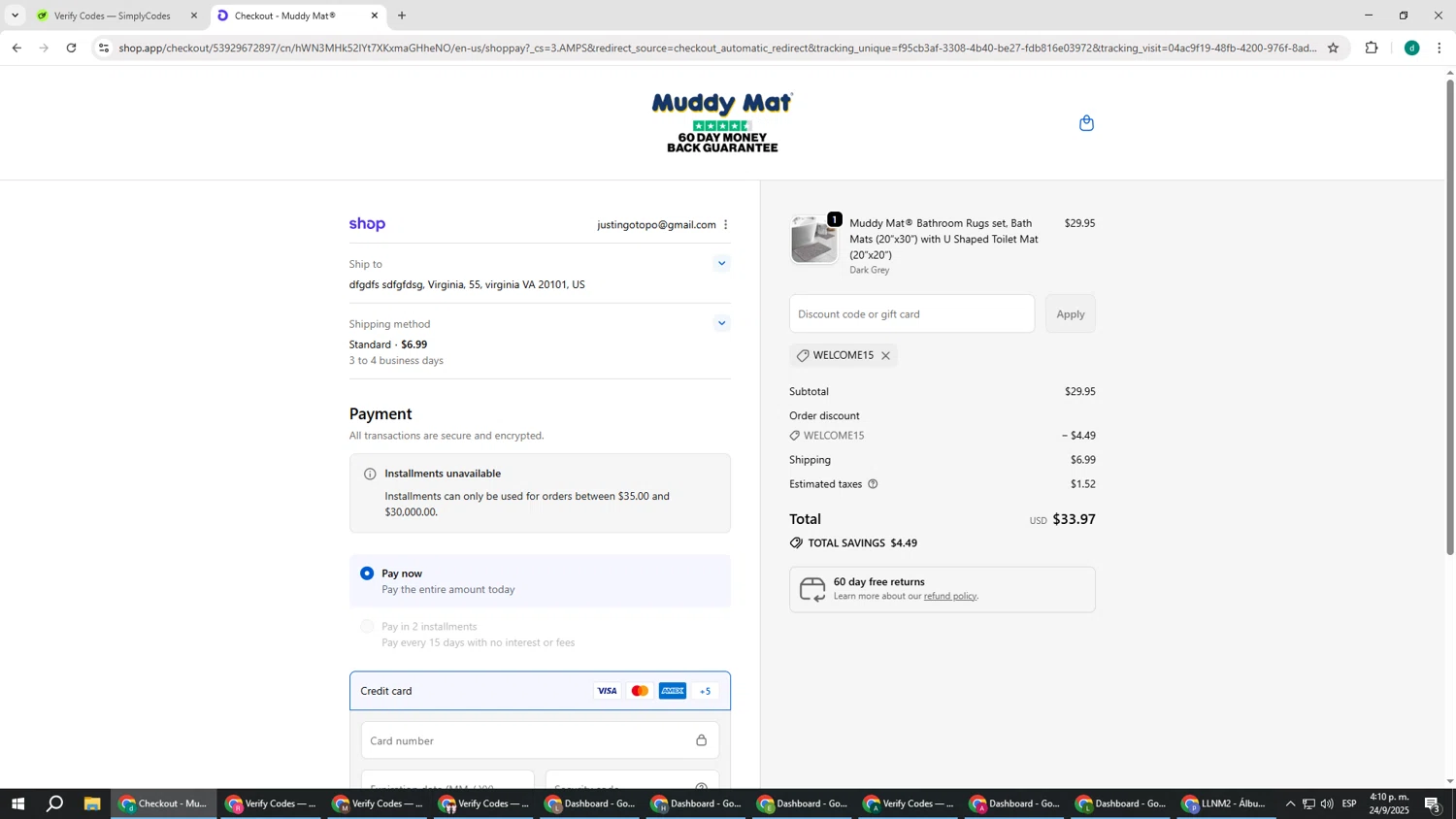 Muddy Mat discount code screenshot showing code WELCOME15 applied at Muddy Mat checkout page. Uploaded by SimplyCodes community member HEROESCUDA on Sep 24, 2025