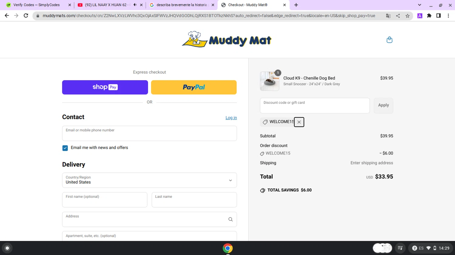 Muddy Mat discount code screenshot showing code WELCOME15 applied at Muddy Mat checkout page. Uploaded by SimplyCodes community member lapampita on Apr 2, 2025