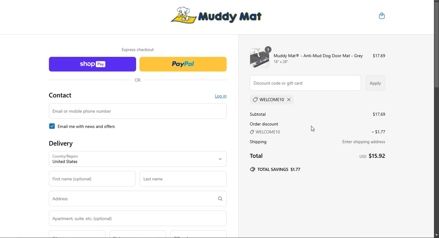 Muddy Mat discount code screenshot showing code WELCOME10 applied at Muddy Mat checkout page. Uploaded by SimplyCodes community member Jsjsjsjsjsjsjs on Apr 2, 2025