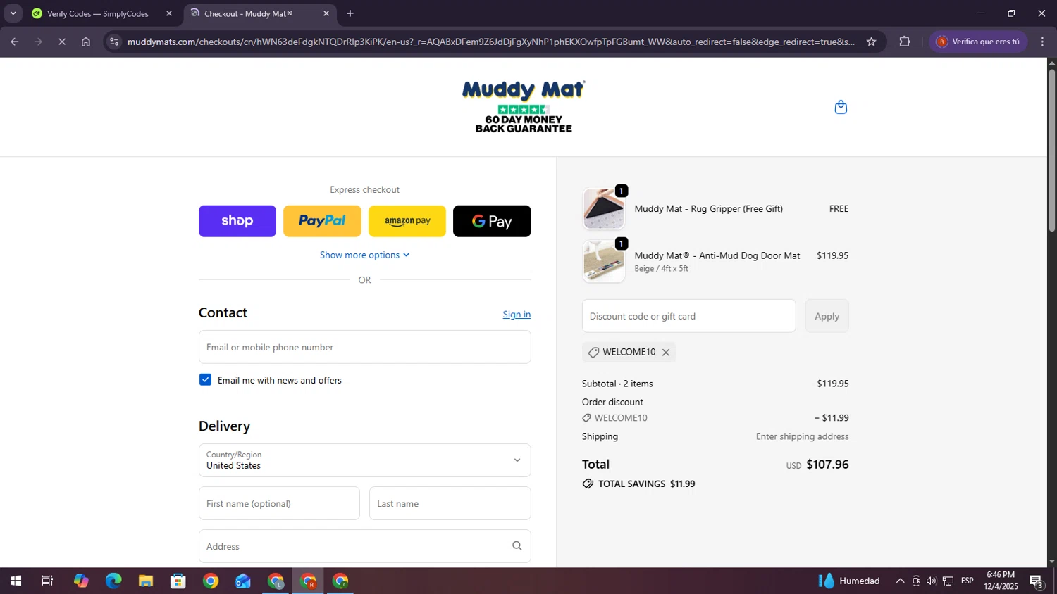 Muddy Mat discount code screenshot showing code WELCOME10 applied at Muddy Mat checkout page. Uploaded by SimplyCodes community member MagnificentExpert2705 on Dec 4, 2025