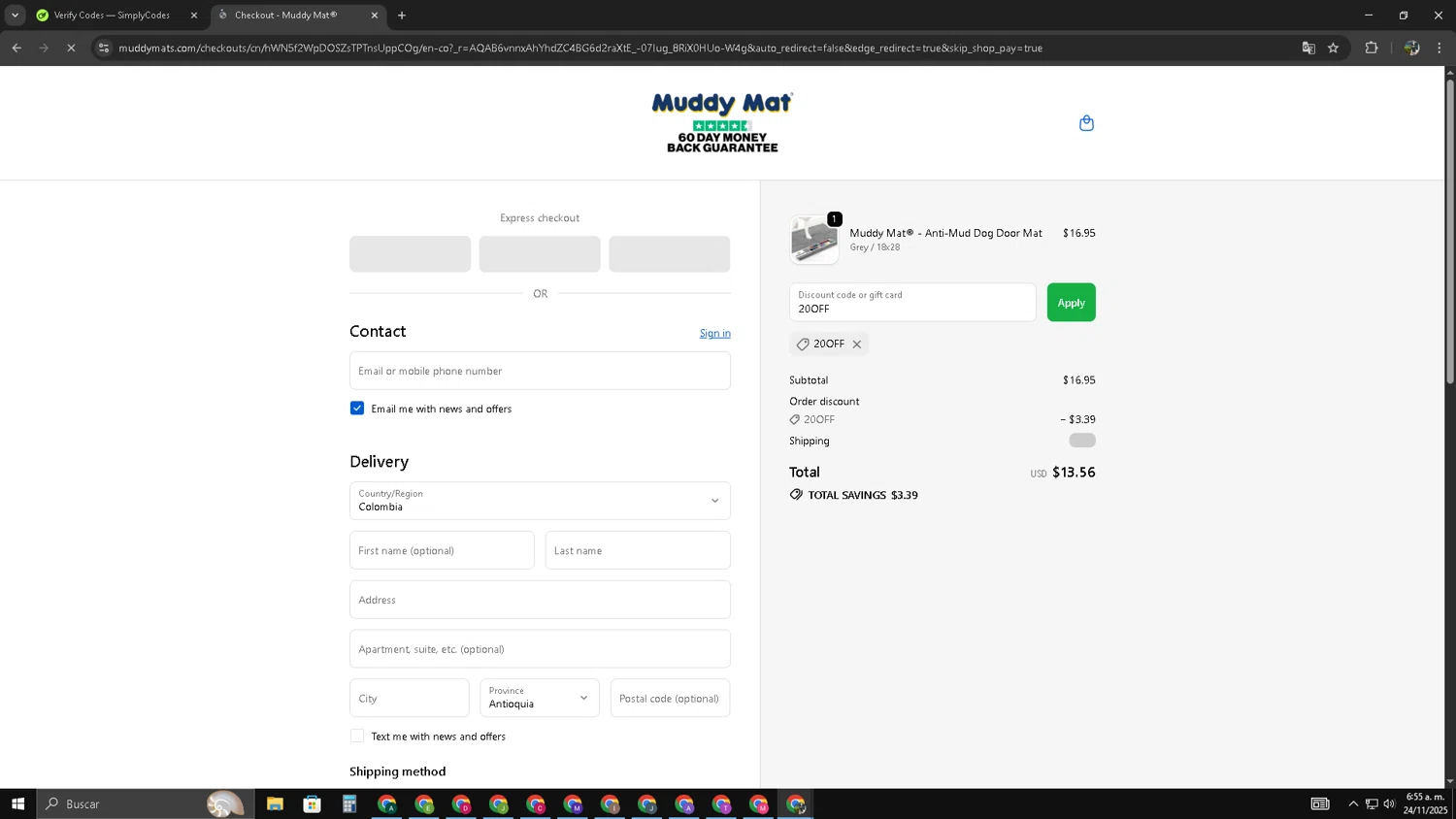 Muddy Mat discount code screenshot showing code 20OFF applied at Muddy Mat checkout page. Uploaded by SimplyCodes community member LegendaryTitan3375 on Nov 24, 2025