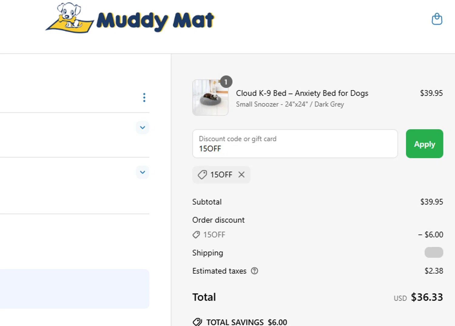 Muddy Mat discount code screenshot showing code 15OFF applied at Muddy Mat checkout page. Uploaded by SimplyCodes community member Acidwire on May 14, 2025