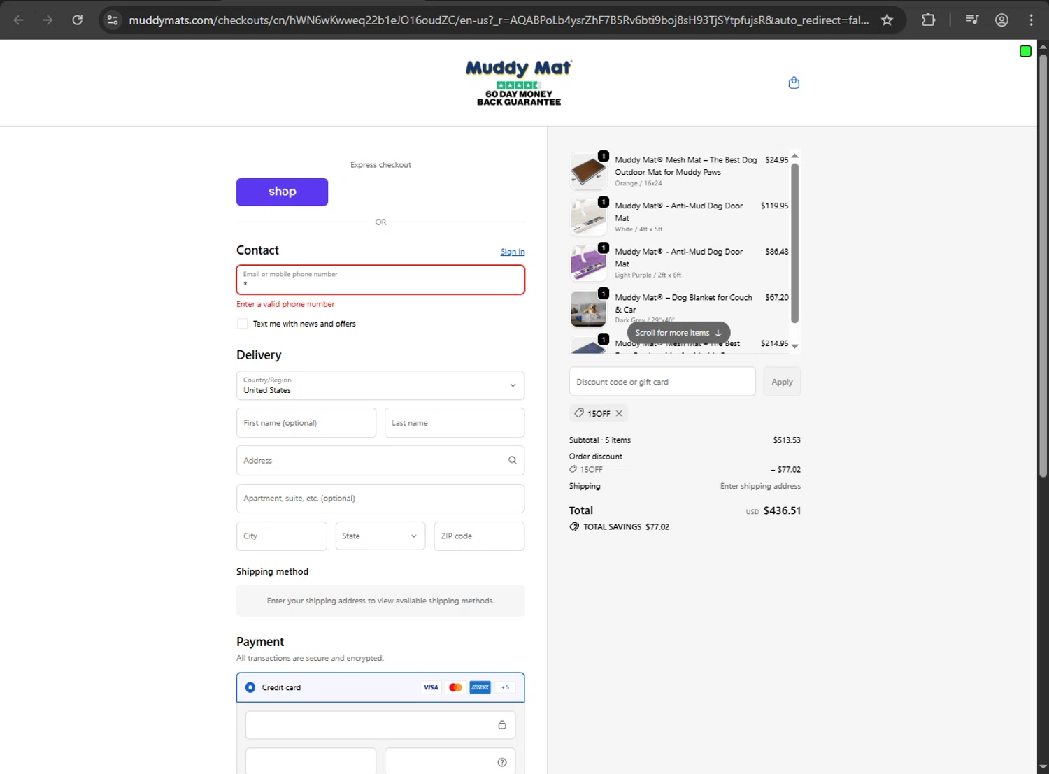 Muddy Mat promo code screenshot showing code 15OFF applied at Muddy Mat checkout page. Uploaded by SimplyCodes community member Jeremi on Dec 28, 2025