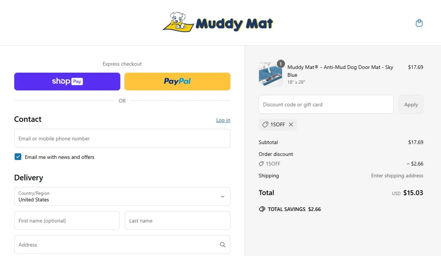 Muddy Mat discount code screenshot showing code 15OFF applied at Muddy Mat checkout page. Uploaded by SimplyCodes community member Honoriocolmenarez on May 14, 2025