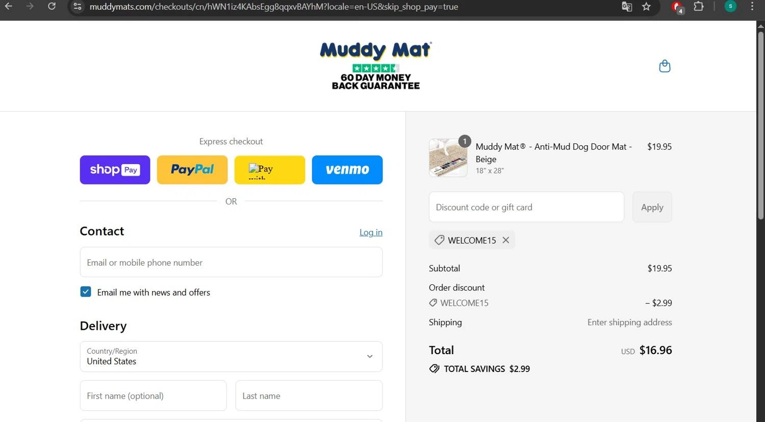 Muddy Mat discount code screenshot showing code WELCOME15 applied at Muddy Mat checkout page. Uploaded by SimplyCodes community member lizimerz on Aug 12, 2025