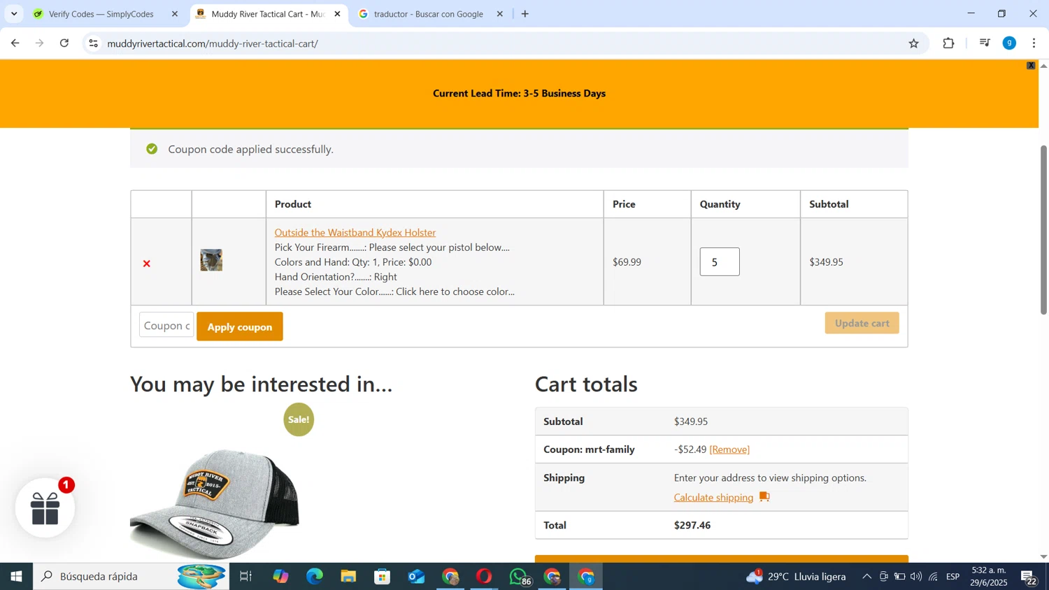 Muddy River Tactical promo code screenshot showing code mrt-family applied at Muddy River Tactical checkout page. Uploaded by SimplyCodes community member ANDRES10 on Jun 29, 2025