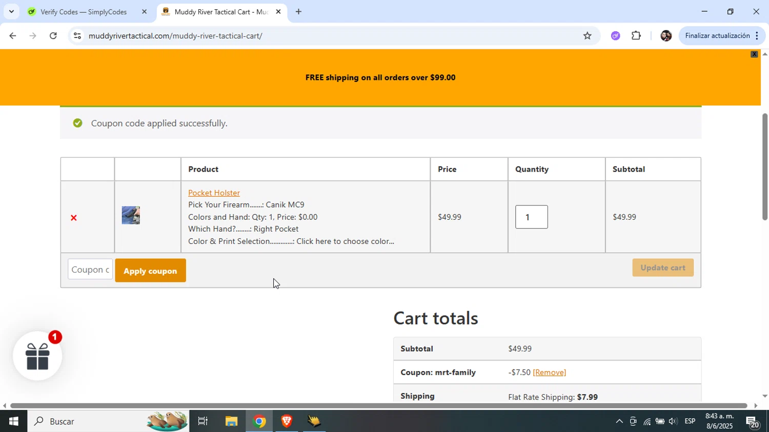 Muddy River Tactical promo code screenshot showing code mrt-family applied at Muddy River Tactical checkout page. Uploaded by SimplyCodes community member Junniorduno on Jun 8, 2025