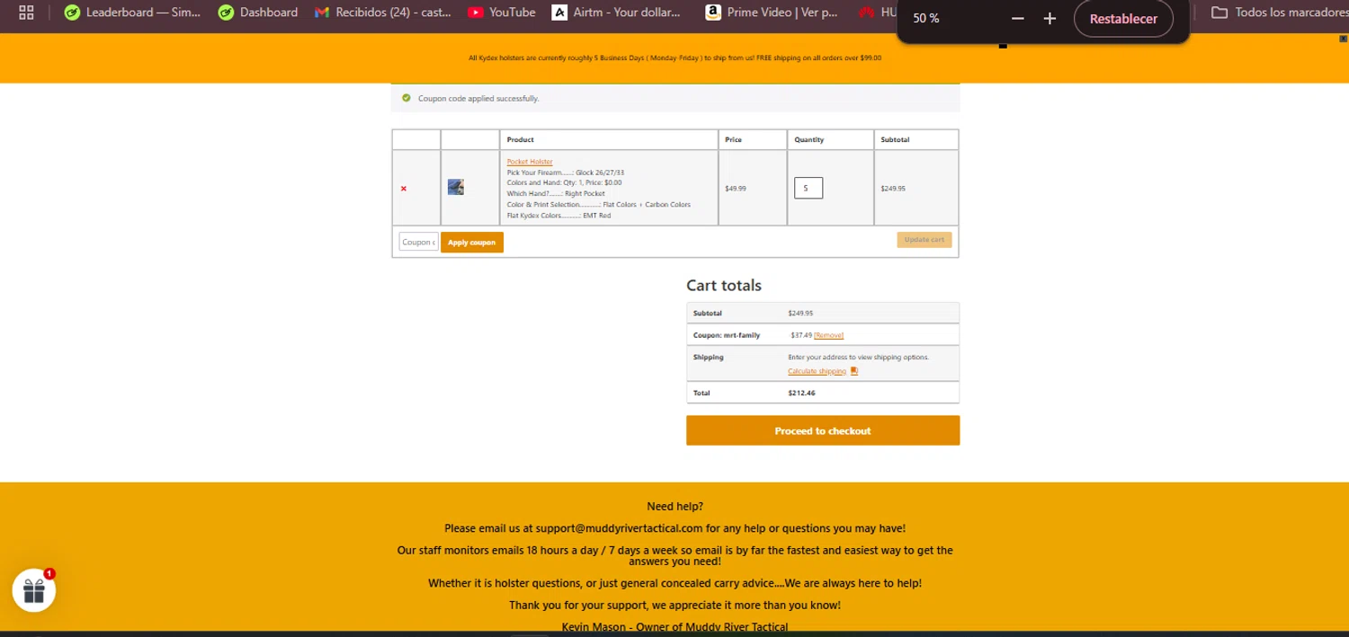 Muddy River Tactical promo code screenshot showing code mrt-family applied at Muddy River Tactical checkout page. Uploaded by SimplyCodes community member RebatePhoenix6042 on May 22, 2025