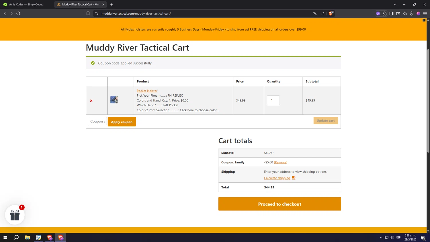 Muddy River Tactical promo code screenshot showing code FAMILY applied at Muddy River Tactical checkout page. Uploaded by SimplyCodes community member jHjJJJhgPlDmsdUYitrNMASDll on May 22, 2025