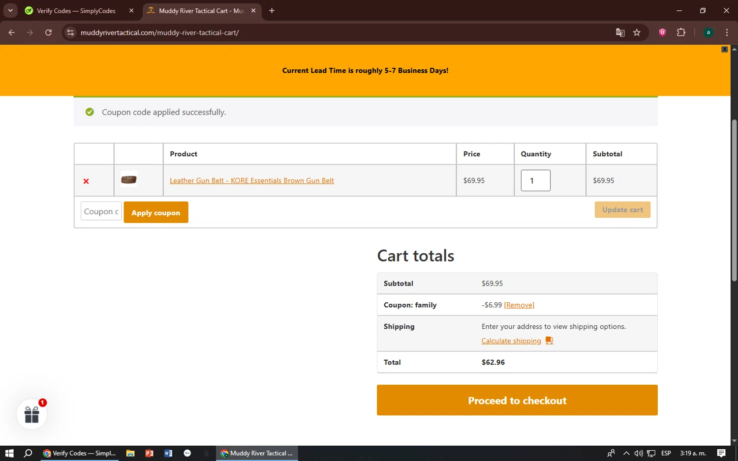 Muddy River Tactical promo code screenshot showing code FAMILY applied at Muddy River Tactical checkout page. Uploaded by SimplyCodes community member zizu55 on Jul 21, 2025