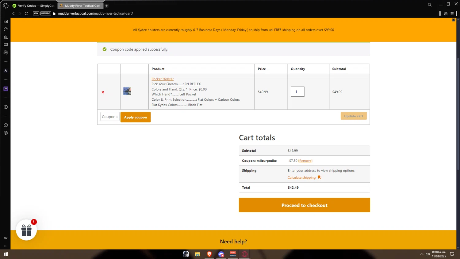 Muddy River Tactical promo code screenshot showing code MILSURPMIKE applied at Muddy River Tactical checkout page. Uploaded by SimplyCodes community member Vipera on Mar 11, 2025
