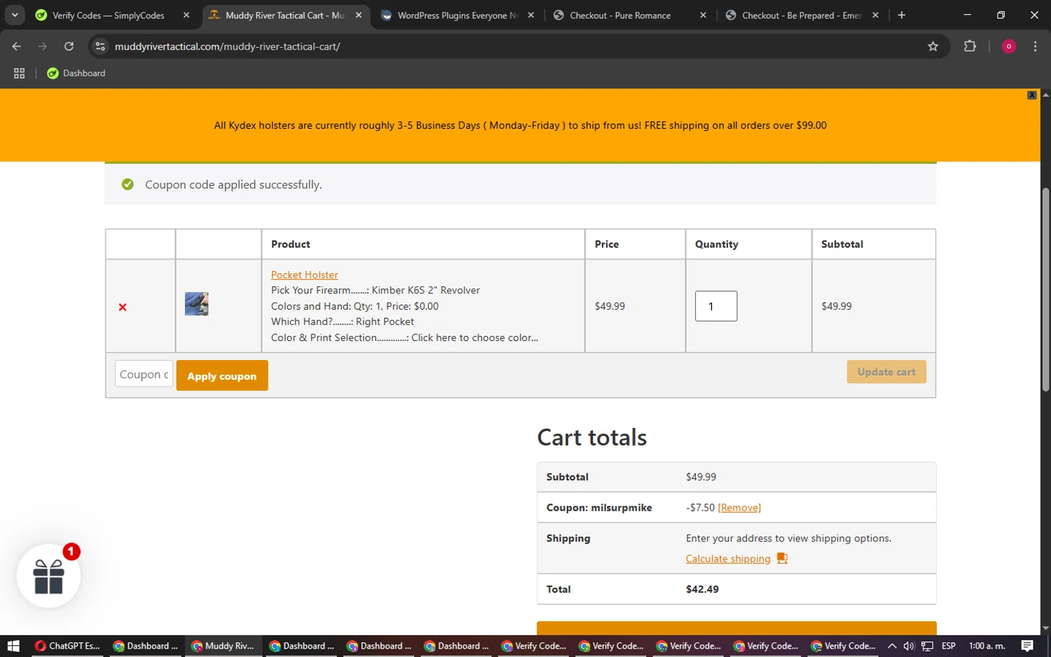 Muddy River Tactical promo code screenshot showing code MILSURPMIKE applied at Muddy River Tactical checkout page. Uploaded by SimplyCodes community member RebateSpotter9164 on Apr 8, 2025