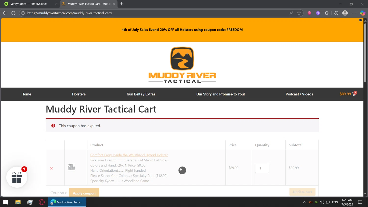 Muddy River Tactical promo code screenshot showing code LEATHER25 applied at Muddy River Tactical checkout page. Uploaded by SimplyCodes community member BorgeZzz on Jul 5, 2025