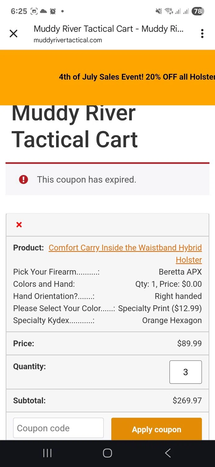 Muddy River Tactical promo code screenshot showing code LEATHER25 applied at Muddy River Tactical checkout page. Uploaded by SimplyCodes community member ronyacosta on Jul 5, 2025