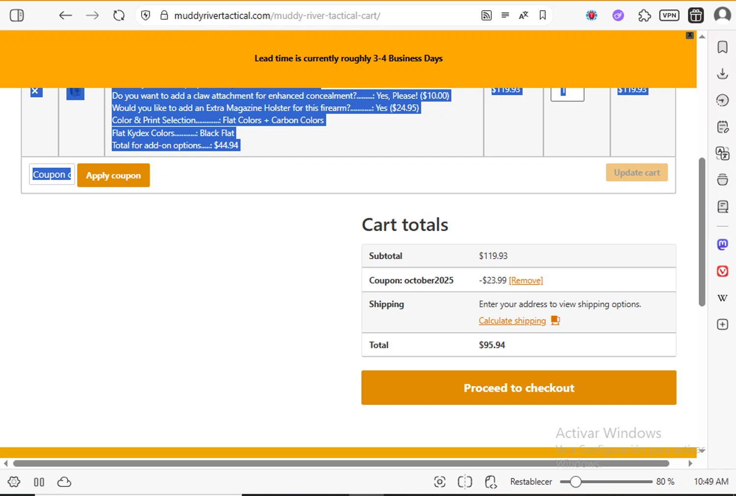 Muddy River Tactical checkout page showing Muddy River Tactical promo code box | Screenshot taken by SimplyCodes community member on Oct 25, 2025