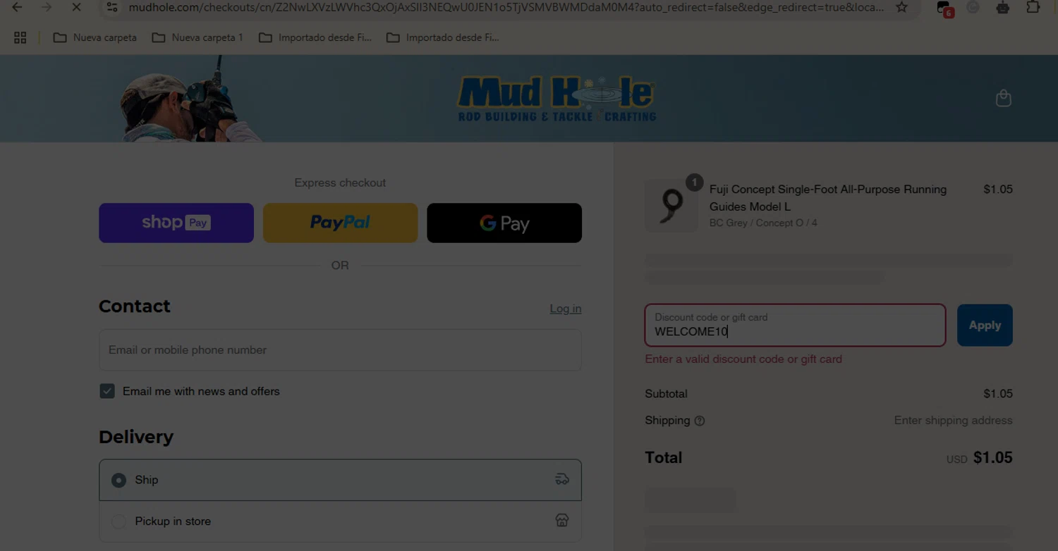Mud Hole promo code screenshot showing code WELCOME10 applied at Mud Hole checkout page. Uploaded by SimplyCodes community member SaleCaptain2295 on Apr 7, 2025