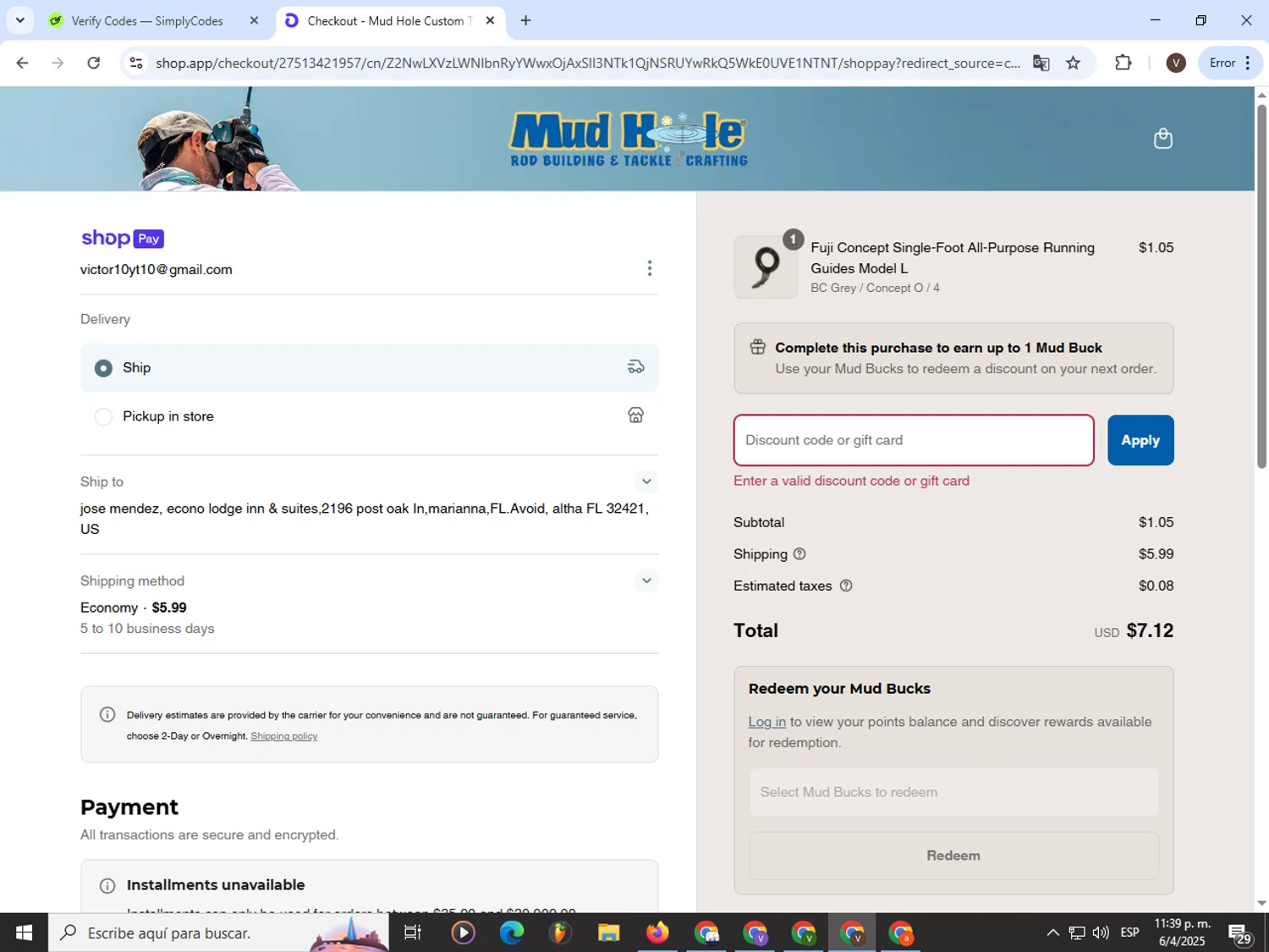 Mud Hole promo code screenshot showing code WELCOME10 applied at Mud Hole checkout page. Uploaded by SimplyCodes community member CashLion3448 on Apr 7, 2025
