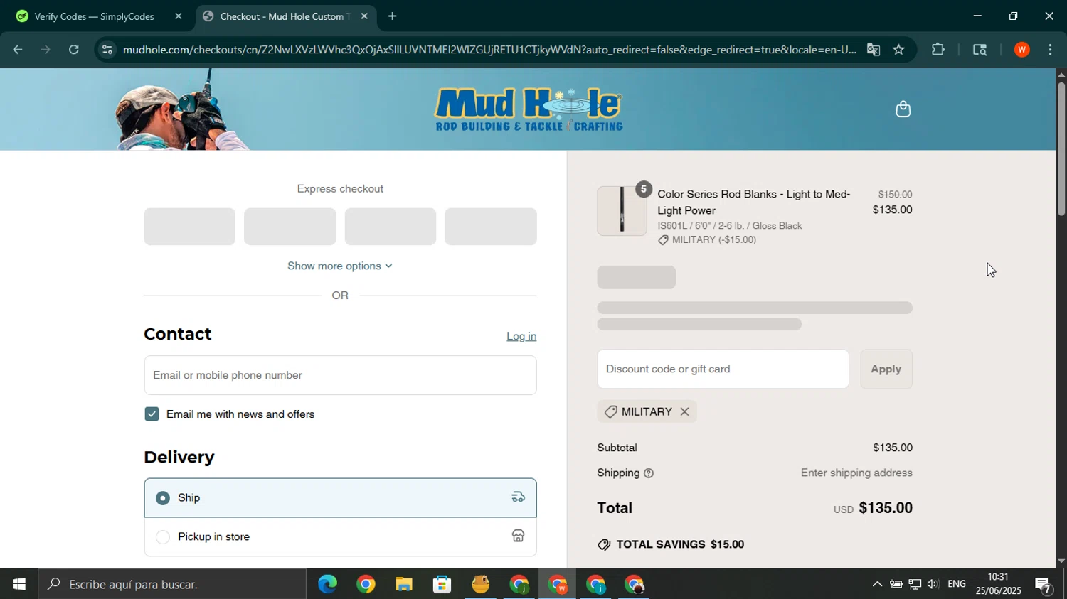 Mud Hole promo code screenshot showing code MILITARY applied at Mud Hole checkout page. Uploaded by SimplyCodes community member wilferji on Jun 25, 2025